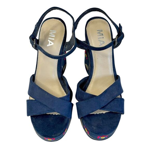 M.I.A. ZOEY Floral Embroidered Navy Blue Platform Slingback Chunky Sandals Sz 8 - Picture 3 of 11